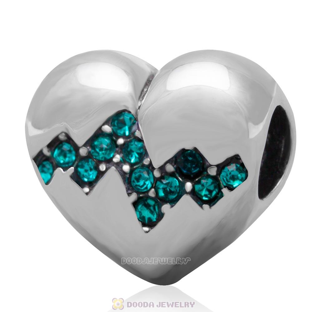 Sterling Silver My Heart Beats Faster For You Bead with Blue Zircon Australian Crystal