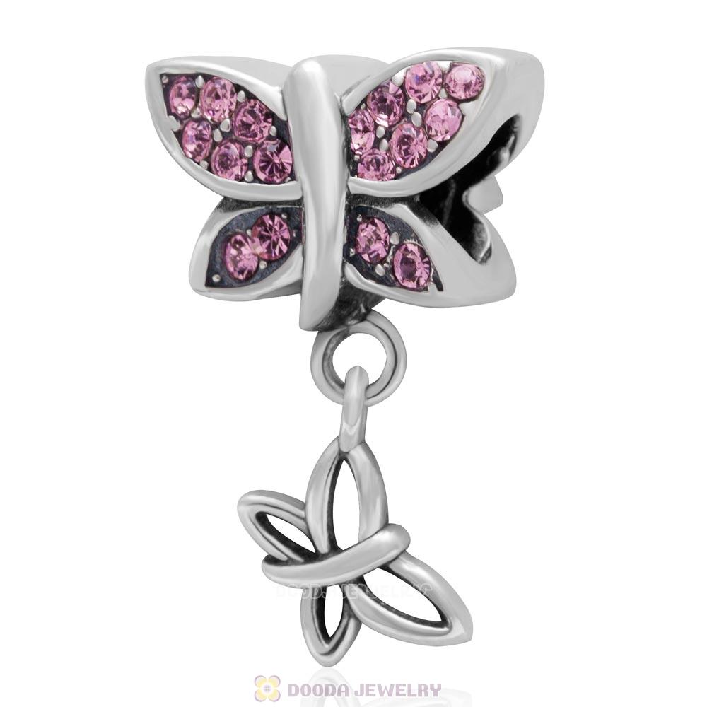 925 Sterling Silver Come Fly With Me Charm with Lt Rose Austrian Crystal