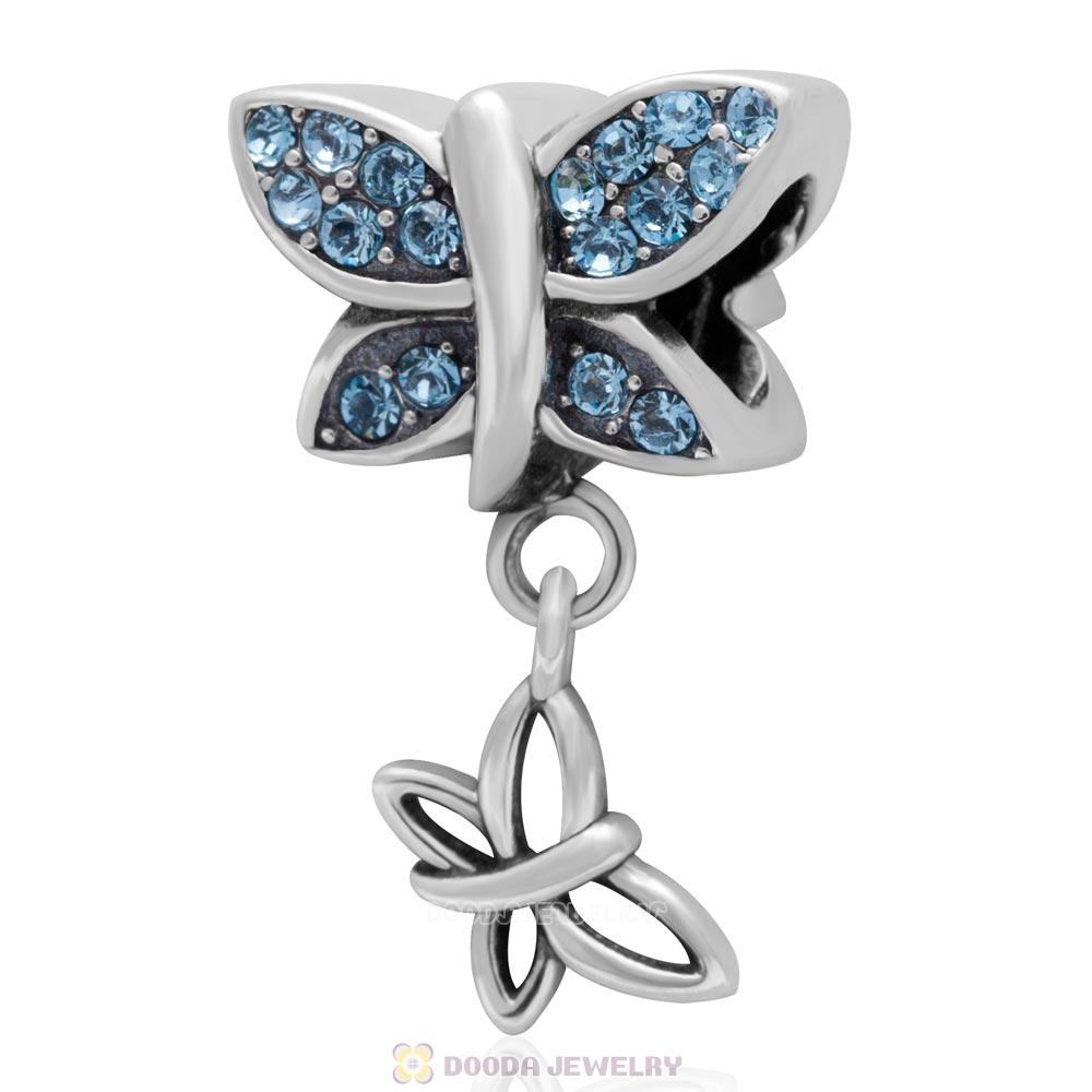 925 Sterling Silver Come Fly With Me Charm with Aquamarine Austrian Crystal