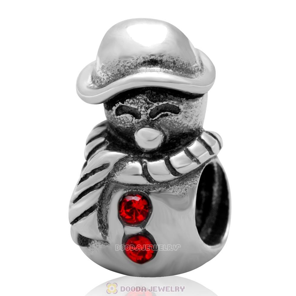 925 Sterling Silver Christmas Snowman Charm Bead with Lt Siam Austrian Crystal
