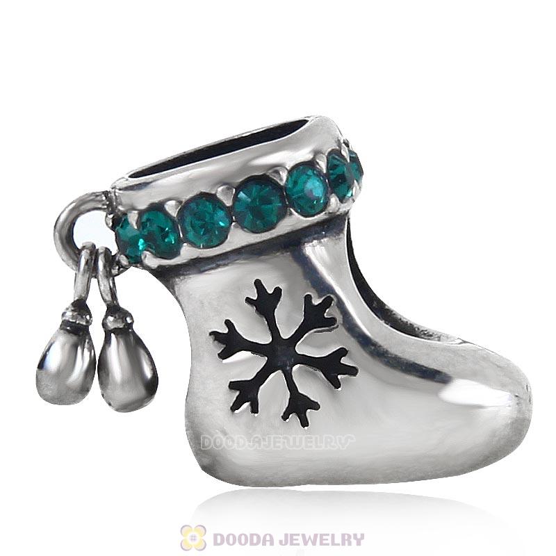 925 Sterling Silver Charm Christmas Stocking Bead with Emerald Austrian Crystal
