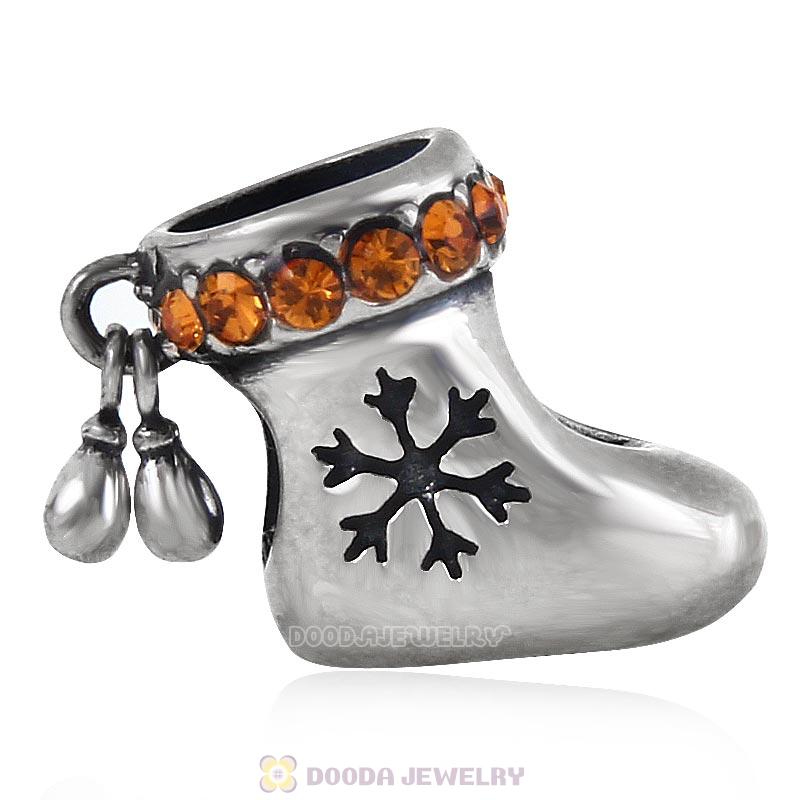 925 Sterling Silver Charm Christmas Stocking Bead with Topaz Austrian Crystal