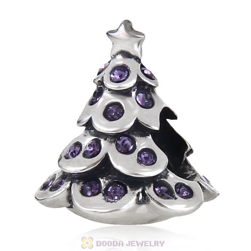 925 Sterling Silver Merry Christmas Tree Bead with Tanzanite Australian Crystal