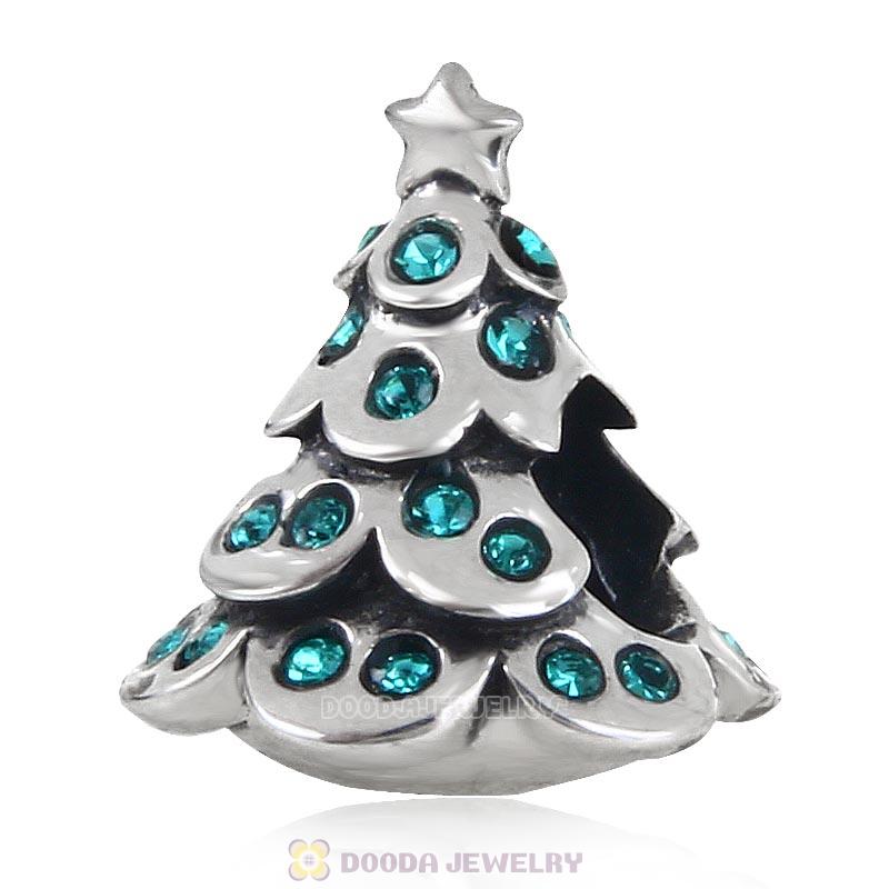 925 Sterling Silver Merry Christmas Tree Bead with Blue Zircon Australian Crystal