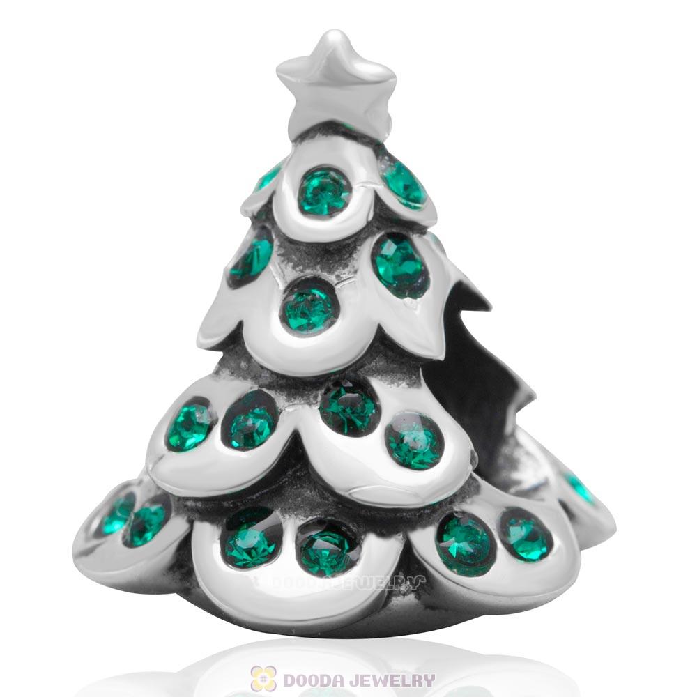 925 Sterling Silver Merry Christmas Tree Bead with Emerald Australian Crystal