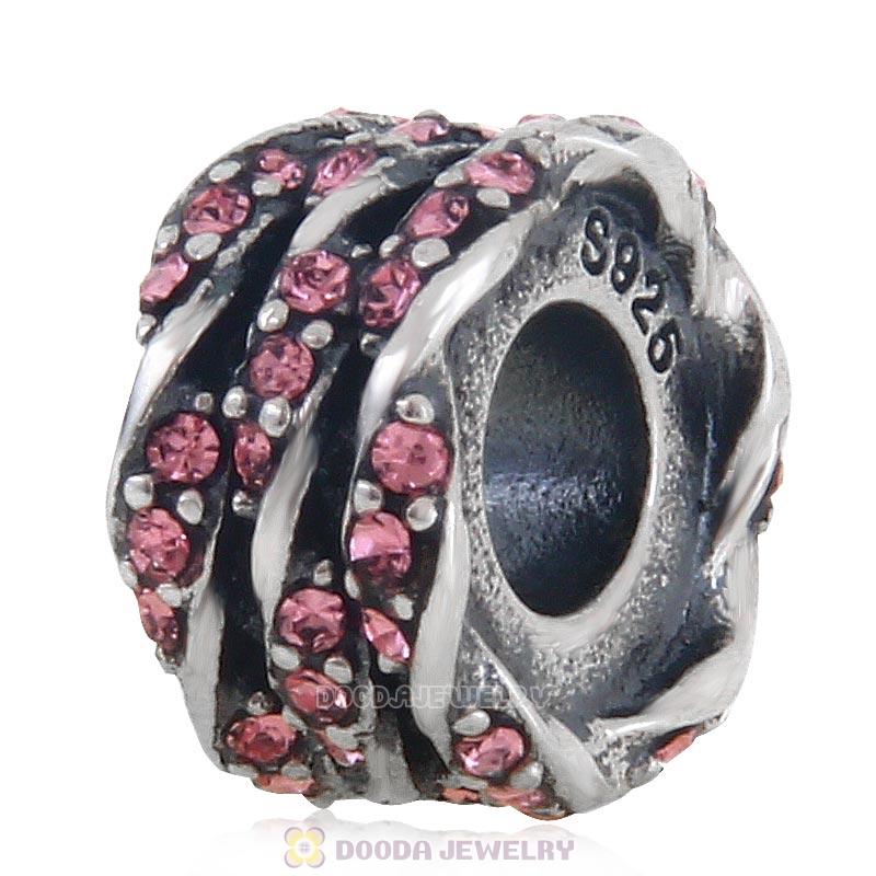 European Antique Sterling Silver Charm Bead with Pave Lt Rose Australian Crystal