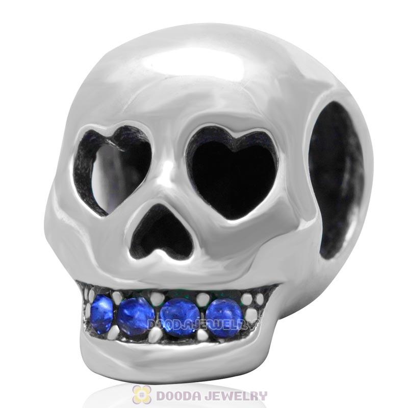 Terrible Skull Charm 925 Sterling Silver Bead with Bling Sapphire Austrian Crystal