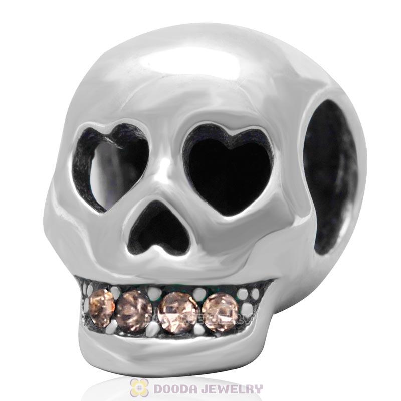 Terrible Skull Charm 925 Sterling Silver Bead with Bling Lt Peach Austrian Crystal