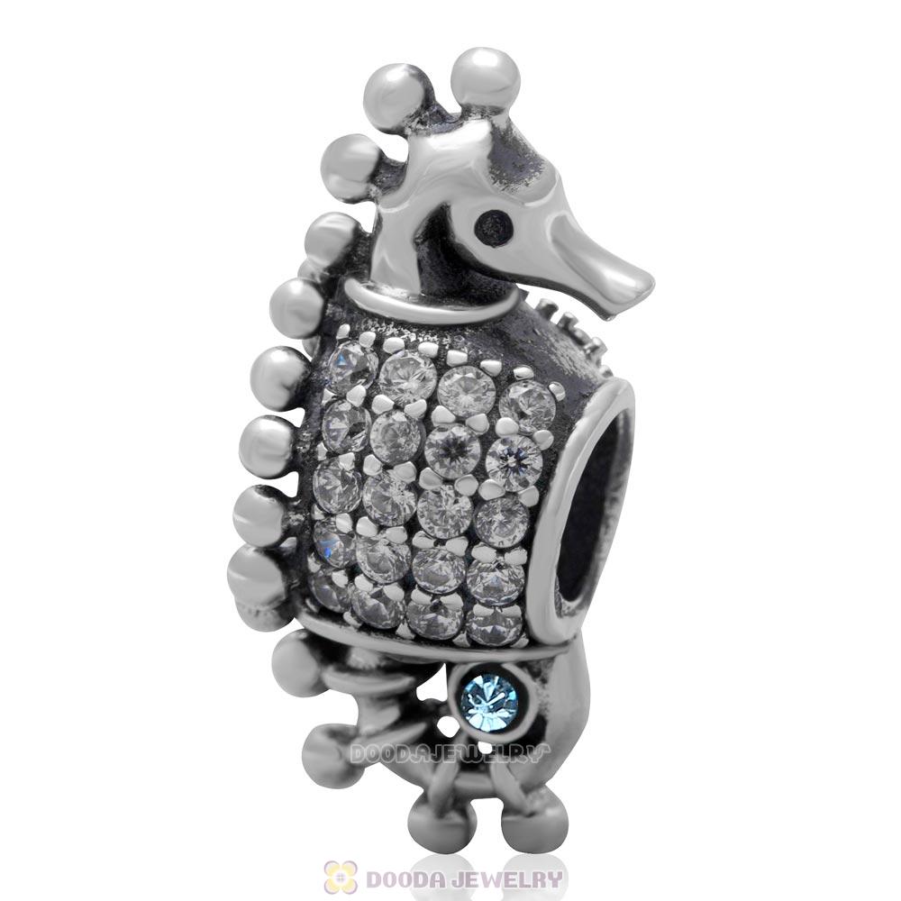 Sterling Silver CZ Pave Tropical Seahorse Bead with Aquamarine Austrian Crystal 