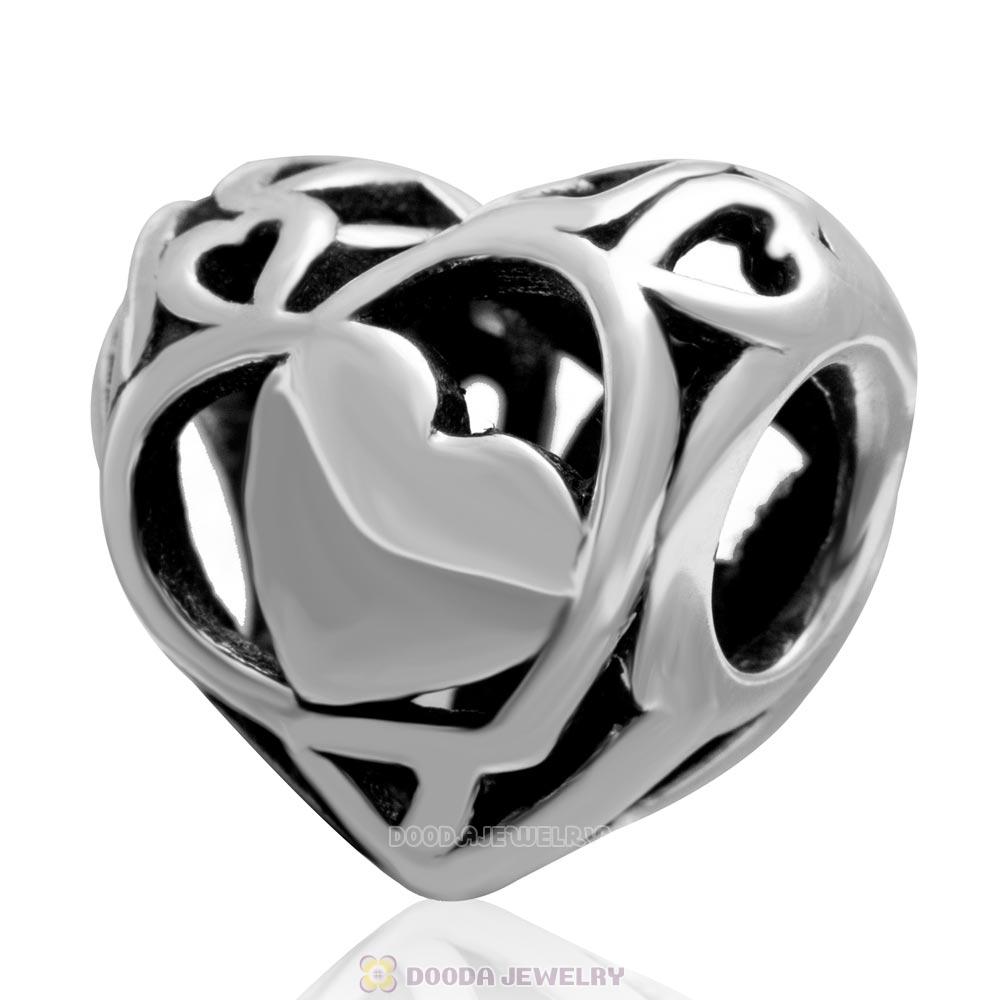 Openwork Heart Charm European Style Antique Sterling Silver Bead