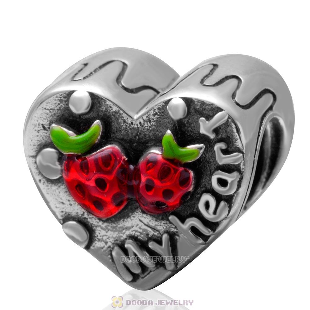 925 Sterling Silver My Heart Charm Bead with Red Strawberry