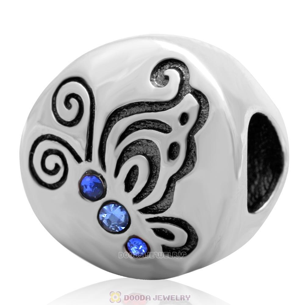 Dancing Butterflies Charm 925 Sterling Silver Bead with Sapphire Australian Crystal