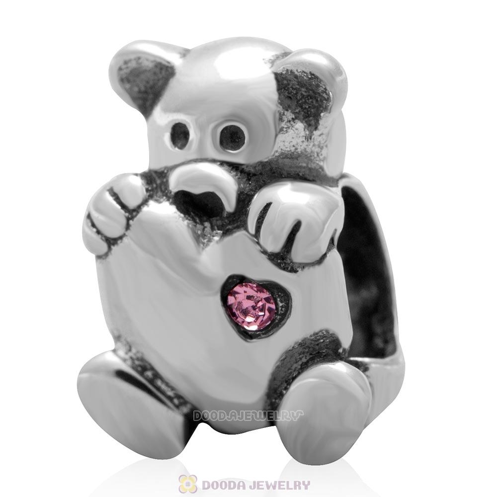 Bear Hug Heart Charm 925 Sterling Silver with Lt Rose Austrian Crystal