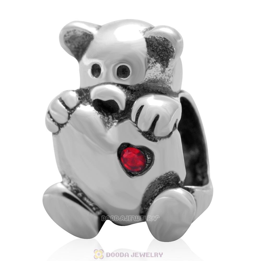 Bear Hug Heart Charm 925 Sterling Silver with Lt Siam Austrian Crystal