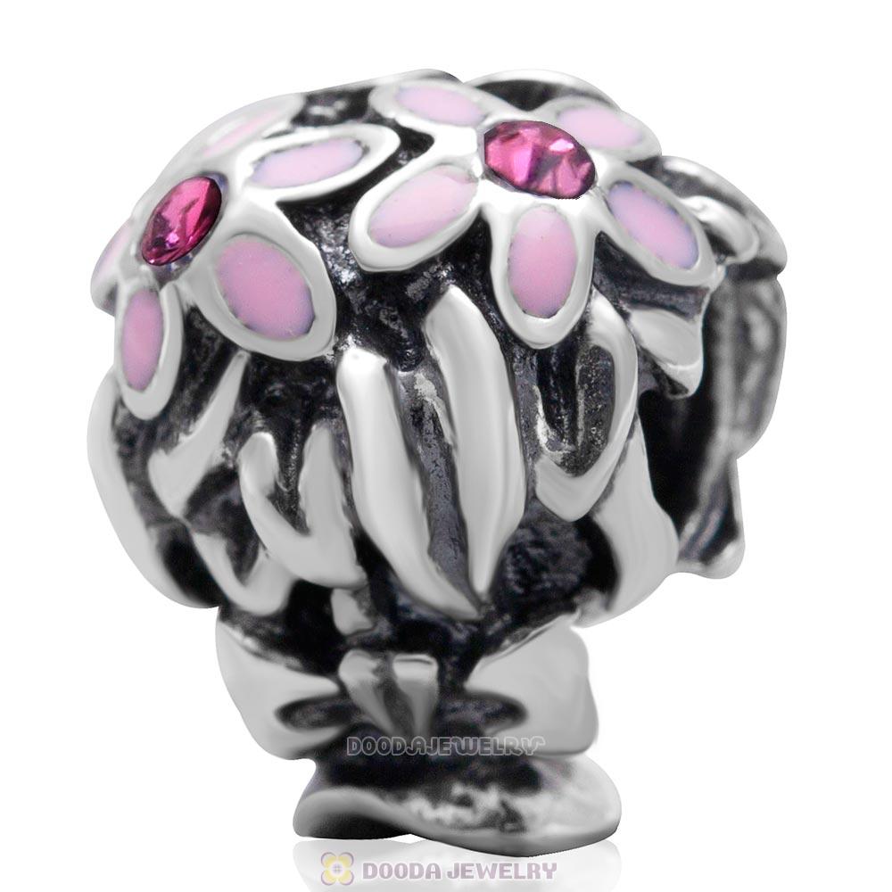 Bouquet Charm Enamel 925 Sterling Silver with Rose Austrian Crystal