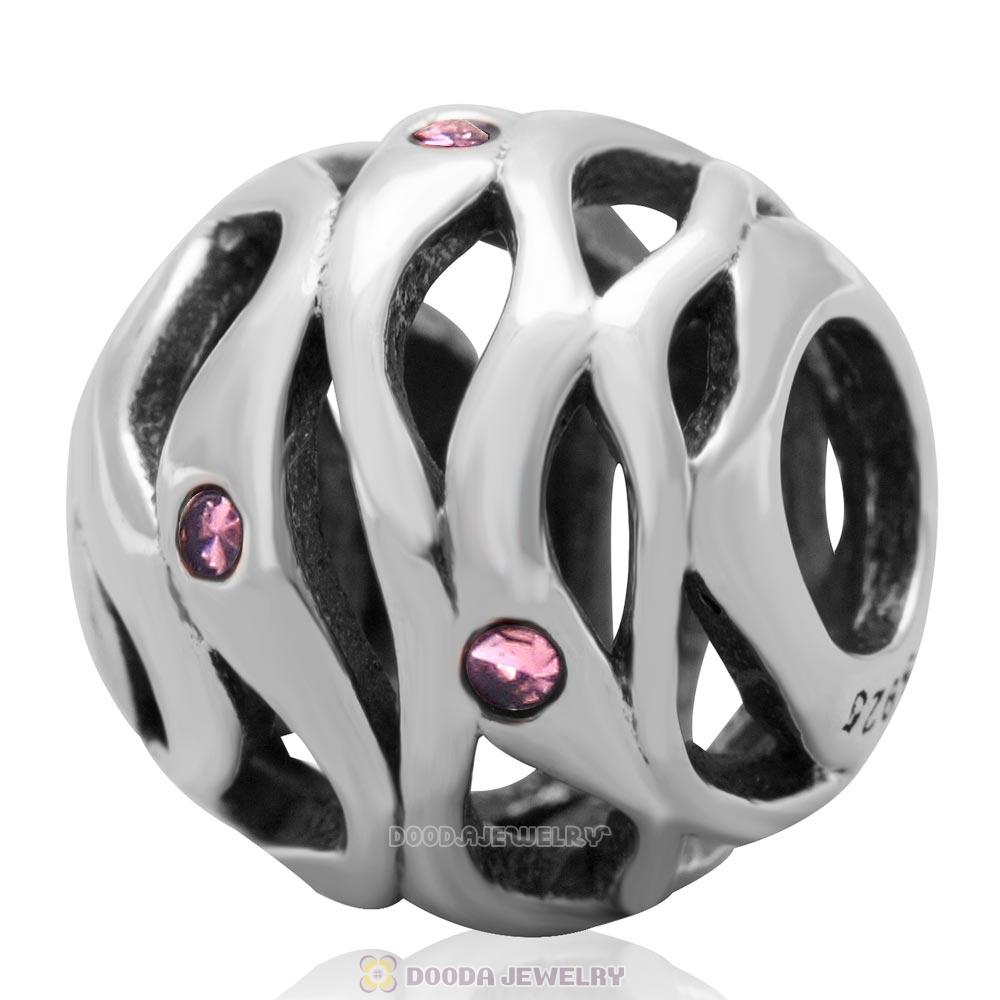 European Style Sterling Silver Openwork Wave Charm Bead with Lt Rose Australian Crystal