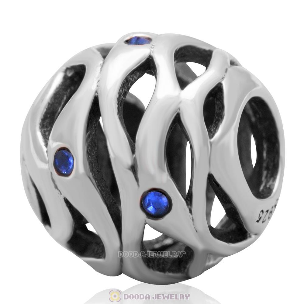 European Style Sterling Silver Openwork Wave Charm Bead with Sapphire Australian Crystal