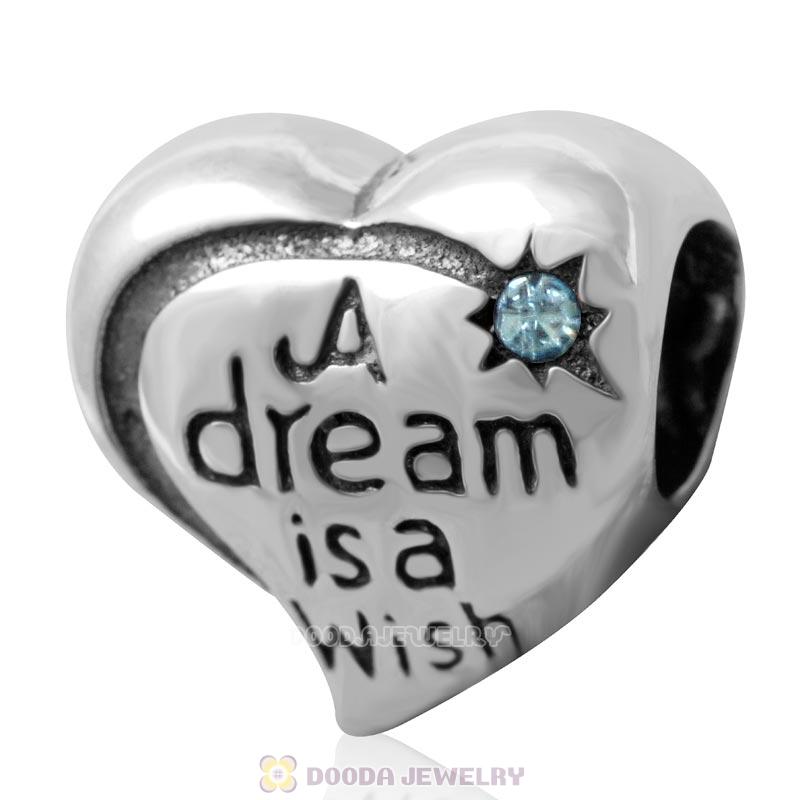 925 Silver A dream is a wish your heart makes Bead with Aquamarine Crystal