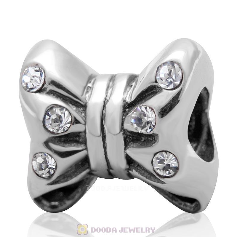 925 Sterling Silver Minnie Bow knot Charm Bead with Clear Crystal
