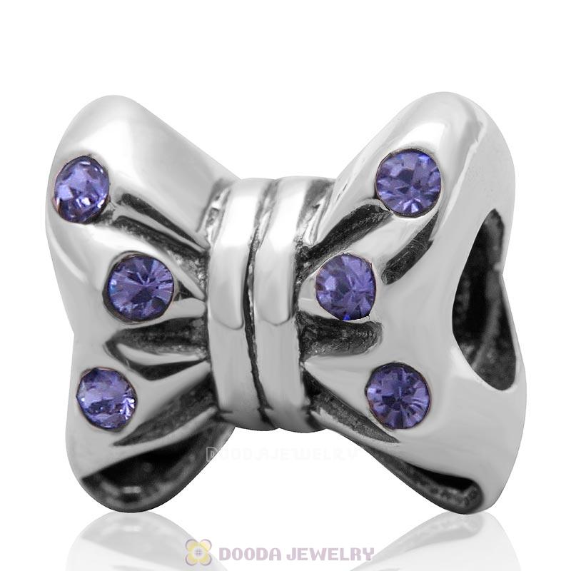 925 Sterling Silver Minnie Bow knot Charm Bead with Tanzanite Crystal