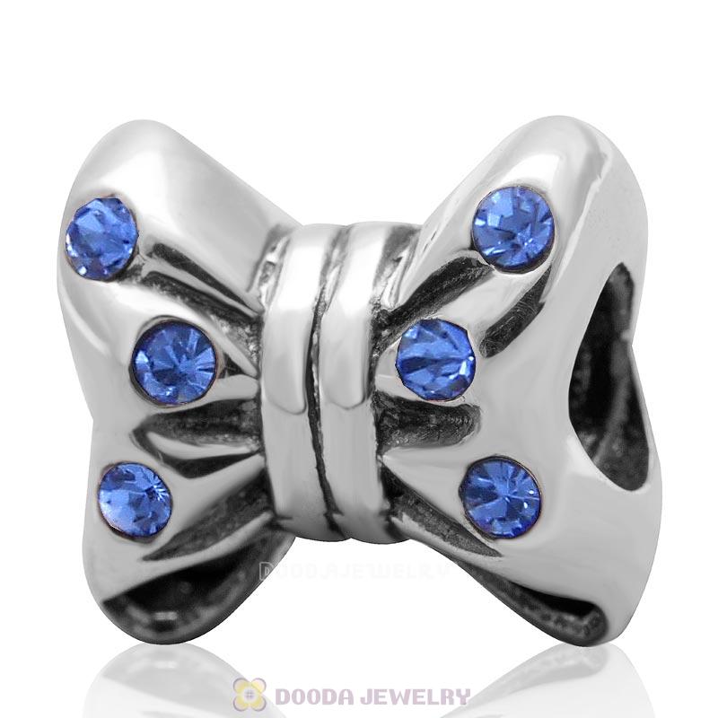 925 Sterling Silver Minnie Bow knot Charm Bead with Sapphire Crystal