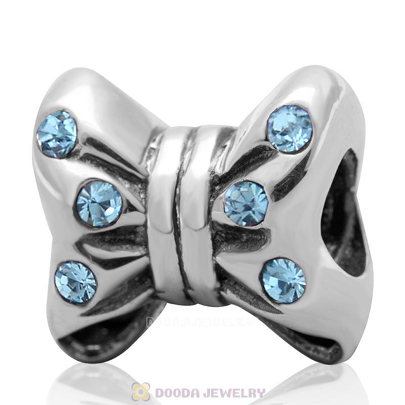 925 Sterling Silver Minnie Bow knot Charm Bead with Aquamarine Crystal