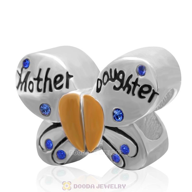 1 Pair Sterling Silver Gold Plated Mother Daughter Butterfly Bead with Sapphire Austrian Crystal