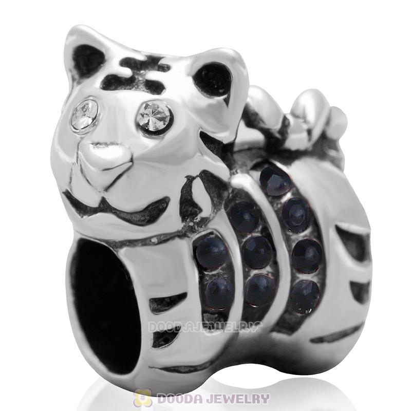 Little Tiger Charm 925 Sterling Silver with Jet Australian Crystal 