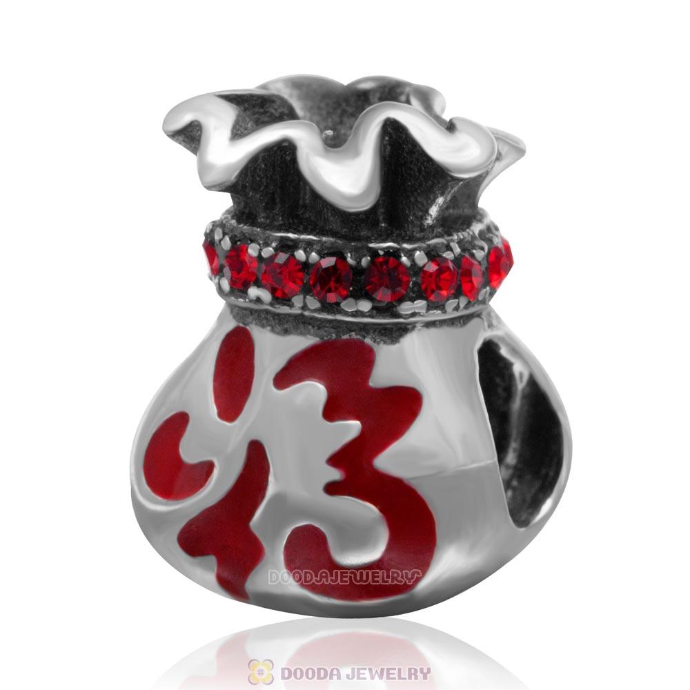 Chinese Fu Pocket Charm Sterling Silver Red Enamel Bead with Lt Siam Austrian Crystal