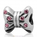 925 Sterling Silver Minnie Bow knot Charm Bead with Lt Rose Crystal