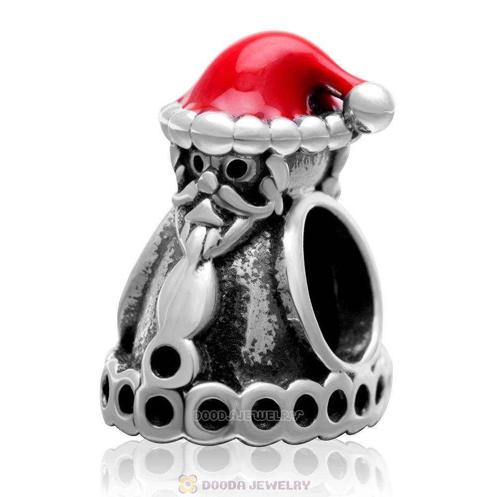 925 Sterling Silver Santa Claus with Christmas Hat Charm Bead with Red Enamel