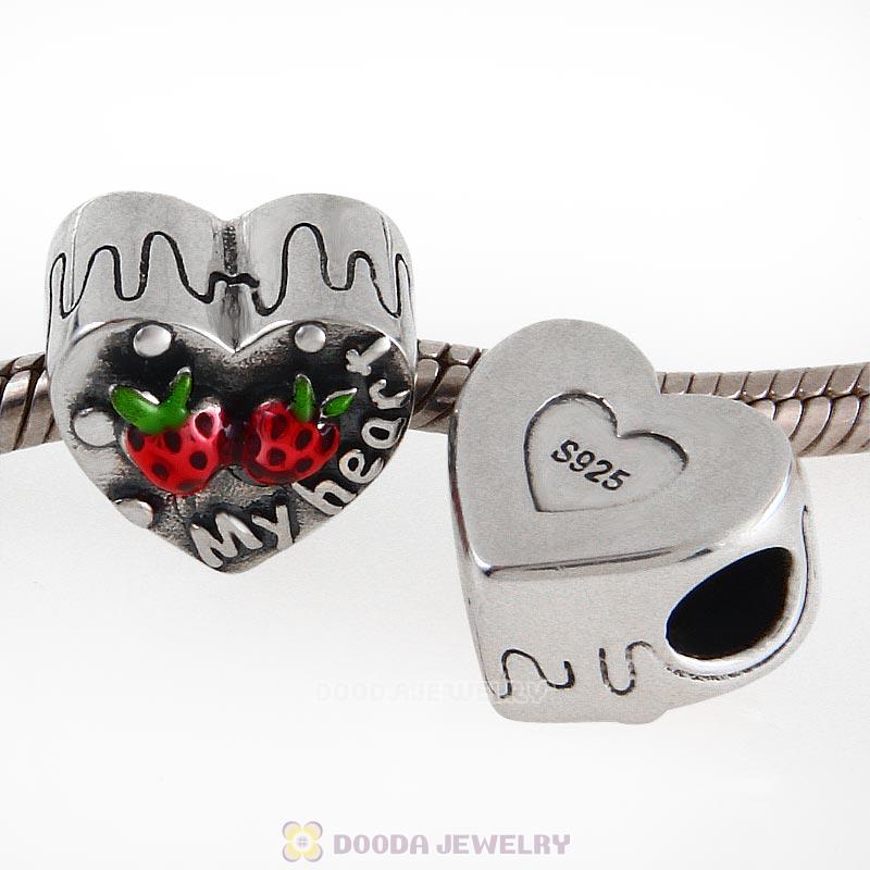 925 Sterling Silver My Heart Charm Bead with Red Strawberry