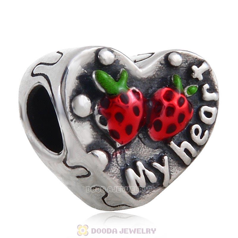925 Sterling Silver My Heart Charm Bead with Red Strawberry