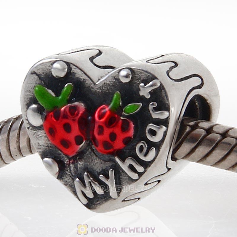925 Sterling Silver My Heart Charm Bead with Red Strawberry