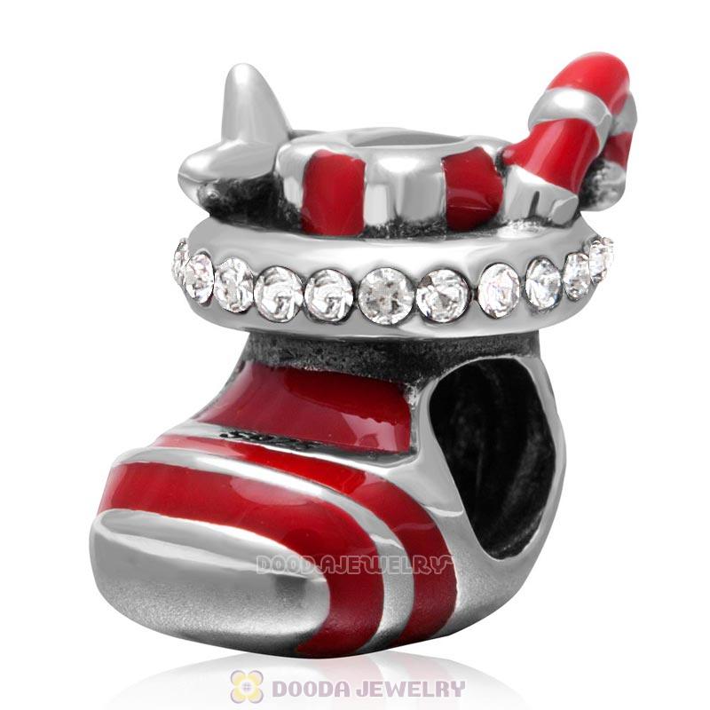 Christmas Stocking Charm Sterling Silver Red Enamel Bead with Clear Australian Crystal