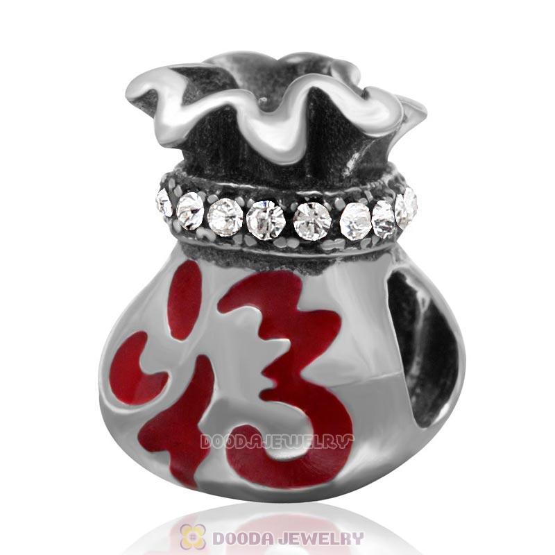 Chinese Fu Pocket Charm Sterling Silver Red Enamel Bead with Clear Austrian Crystal