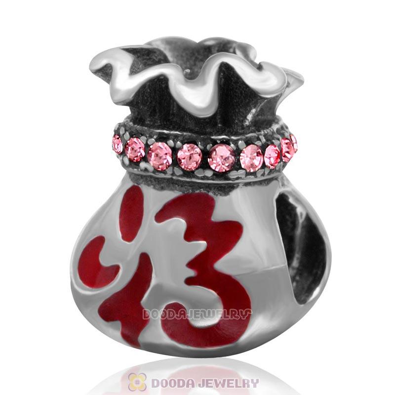 Chinese Fu Pocket Charm Sterling Silver Red Enamel Bead with Light Rose Austrian Crystal