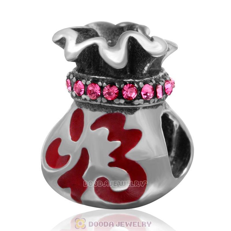 Chinese Fu Pocket Charm Sterling Silver Red Enamel Bead with Rose Austrian Crystal