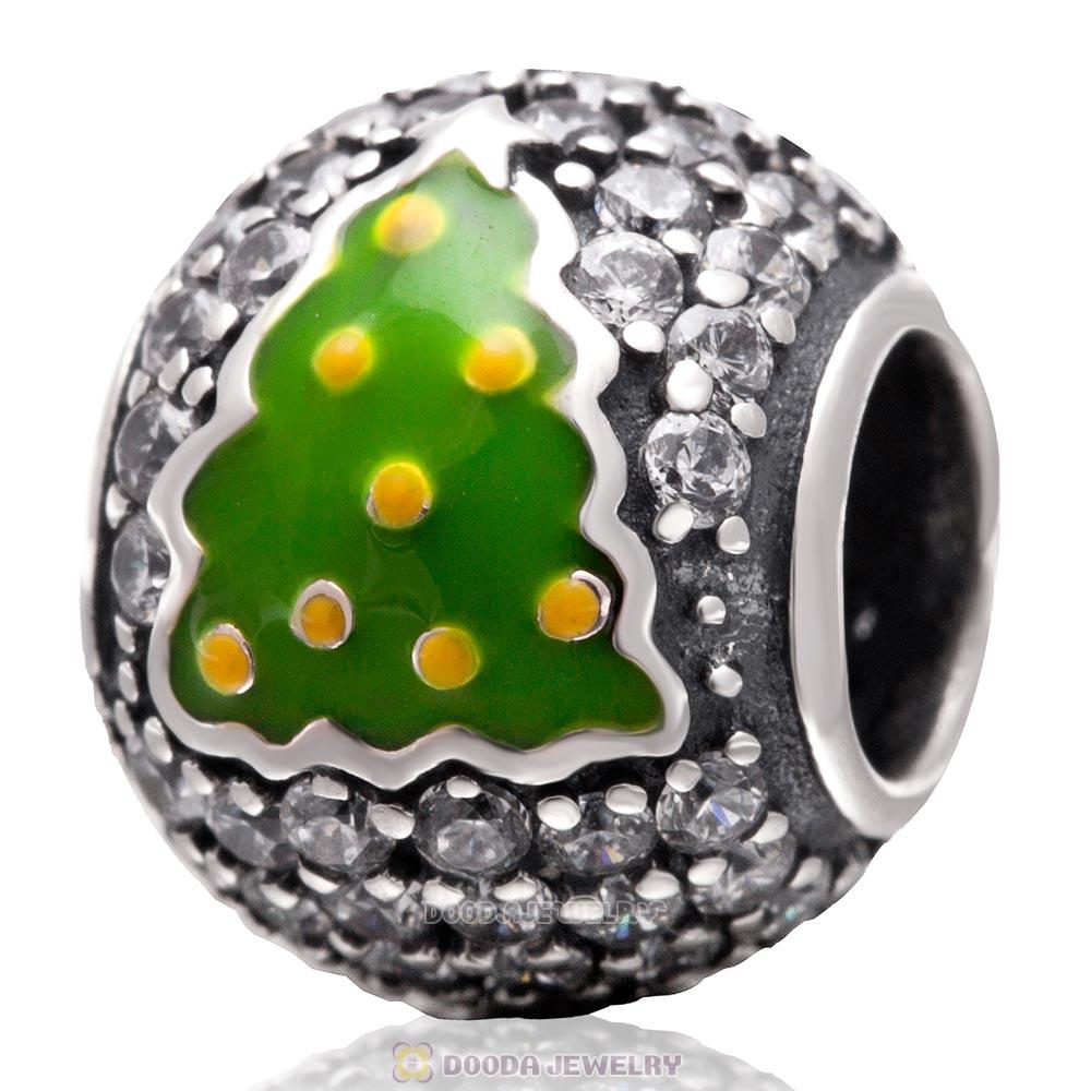 925 Sterling Silver Christmas Tree Charm Bead with Clear Zircon Stones