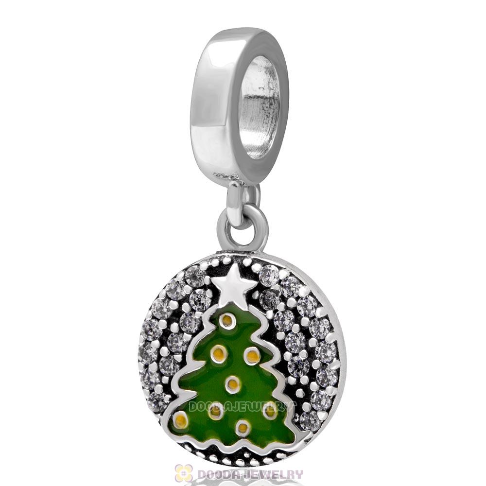 925 Sterling Silver Dangle Christmas Tree Charm with Clear Zircon Stones