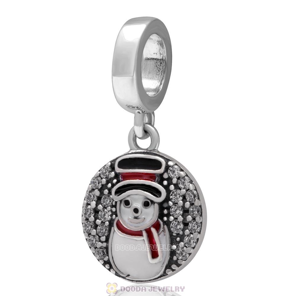 925 Sterling Silver Dangle Christmas Snowman Charm with Clear Zircon Stones