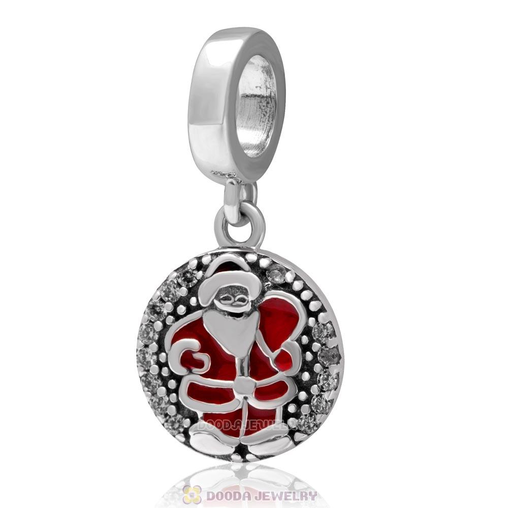 925 Sterling Silver Dangle Christmas Santa Claus Charm with Clear Zircon Stones