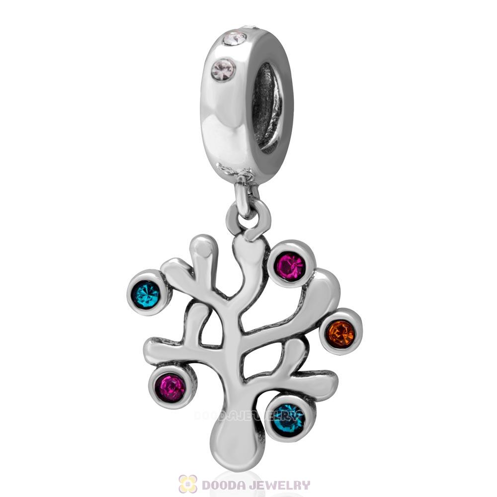 925 Sterling Silver Family Tree Dangle Charm with Colorful Crystal