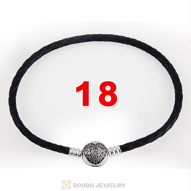 18cm Black Braided Leather Bracelet 925 Silver Love of My Life Round Clip with Heart White CZ Stone