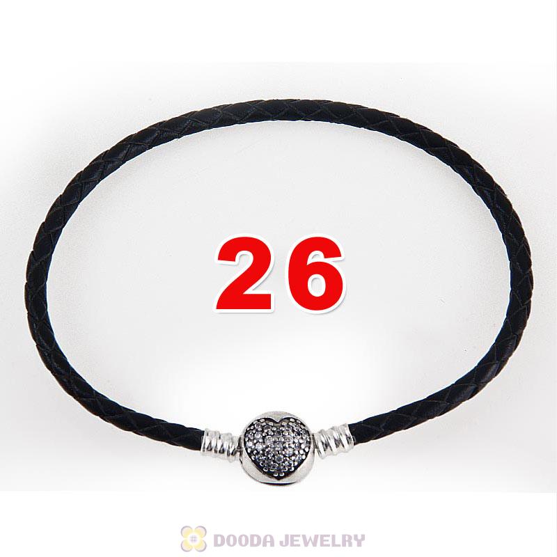 26cm Black Braided Leather Bracelet 925 Silver Love of My Life Round Clip with Heart White CZ Stone