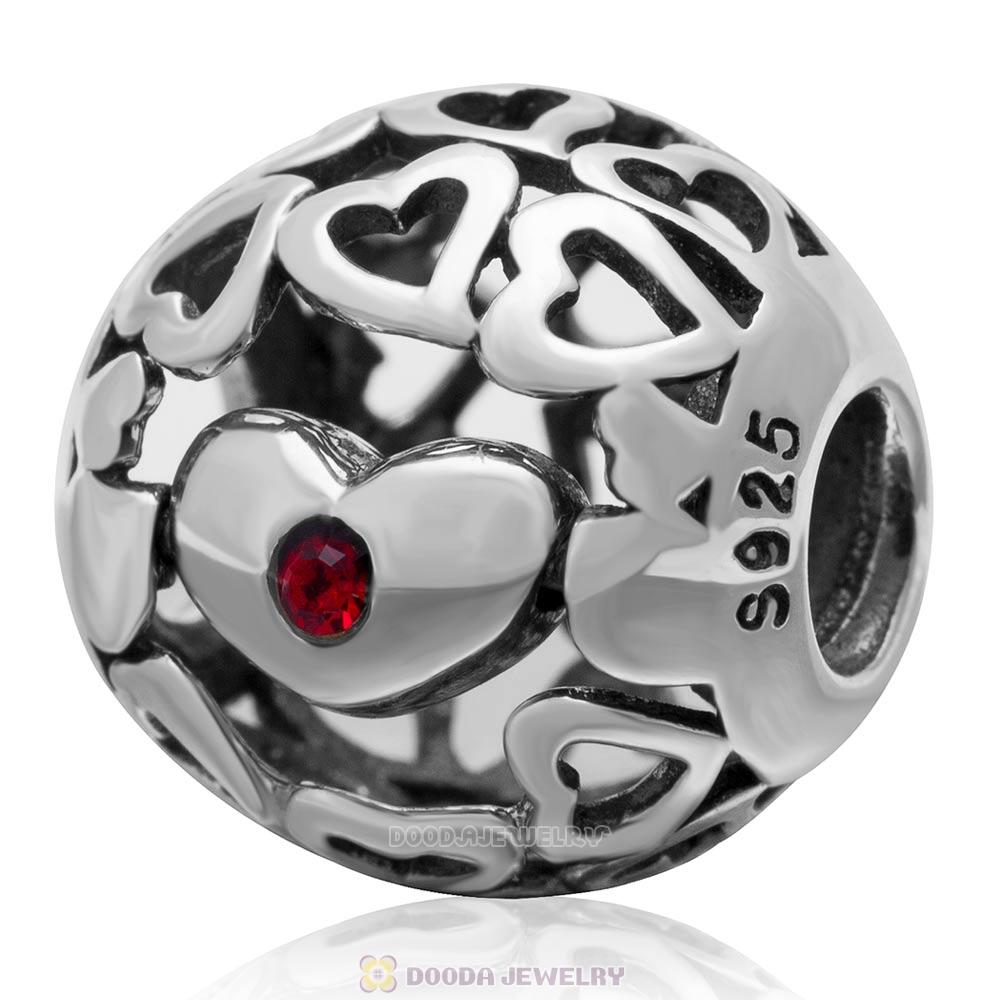 925 Sterling Silver Open Heart Charm Belived Bead with Lt Siam Austrian Crystal