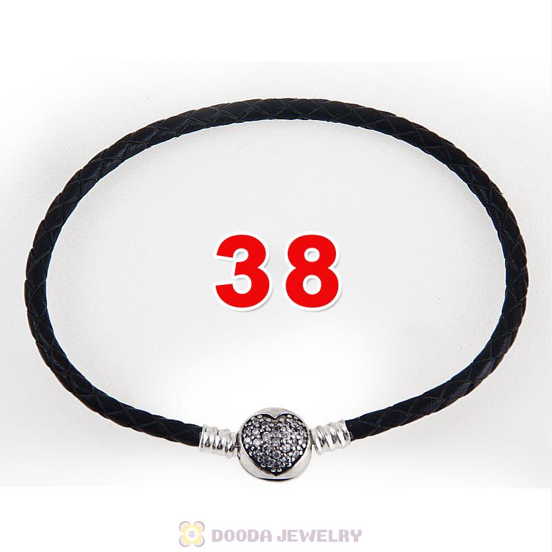 38cm Black Braided Leather Double Bracelet Silver Love of My Life Clip with Heart White CZ Stone