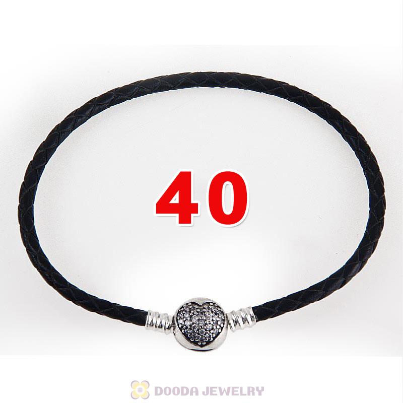 40cm Black Braided Leather Double Bracelet Silver Love of My Life Clip with Heart White CZ Stone