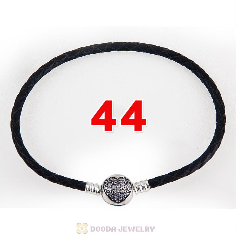 44cm Black Braided Leather Double Bracelet Silver Love of My Life Clip with Heart White CZ Stone
