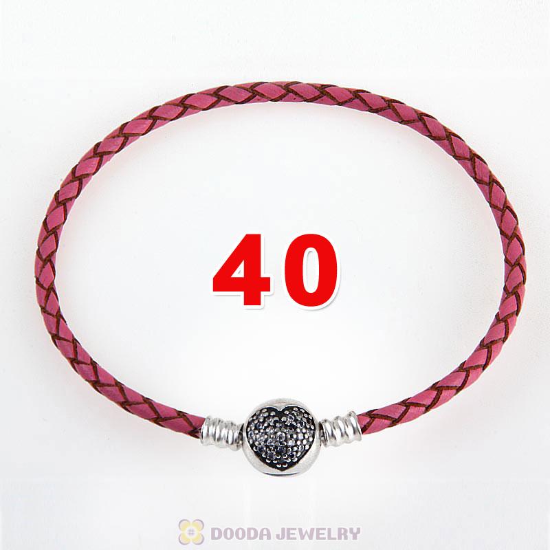 40cm Pink Braided Leather Double Bracelet Silver Love of My Life Clip with Heart White CZ Stone